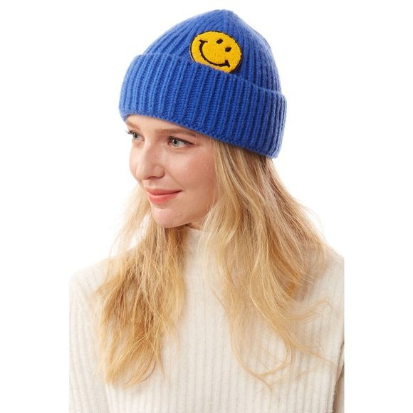 NEW Smile Smiley Happy Face Patch Cozy Soft Rib Knit Beanie Hat Ivory Black Gray - Picture 14 of 14